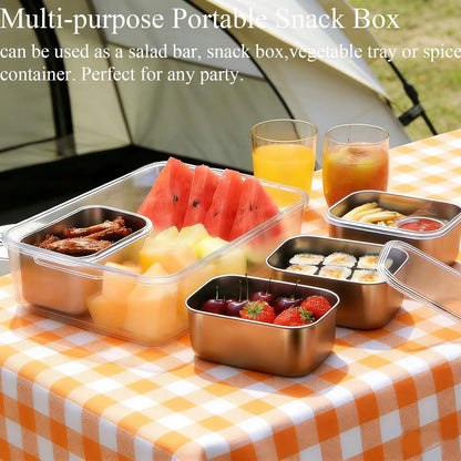 Snackle Box Container, Stainless Steel Divided Serving Tray with Lid and Handle, Large Snack Tray for Fruit Veggie Candy, 8-Compartment Snack Platter for Travel Party Beach Picnic