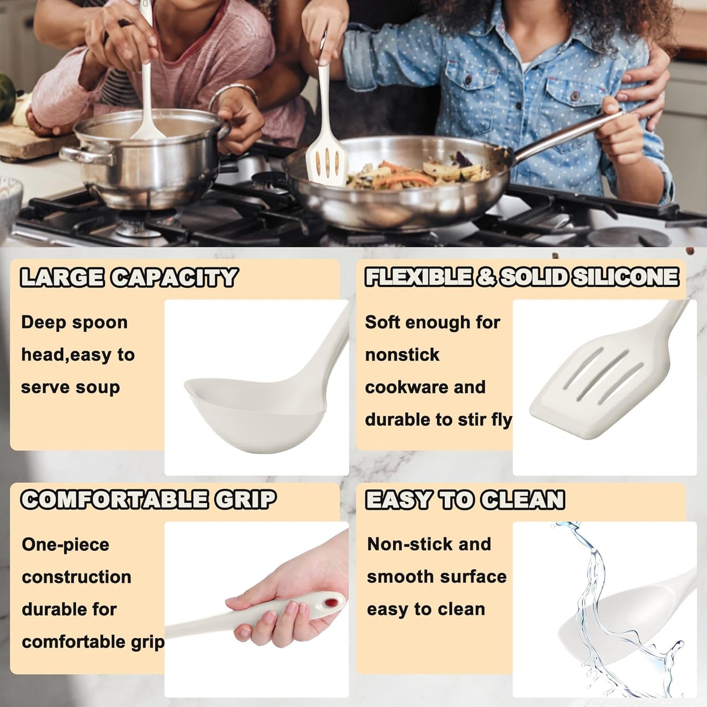 E-far 10 Pieces Silicone Cooking Utensils Set, Heat Resistant Kitchen Utensil Set for Nonstick Cookware, Kitchen Cooking Tools with Spatula, Spoon, Slotted Turner, Non-Toxic & Dishwasher Safe (Khaki)