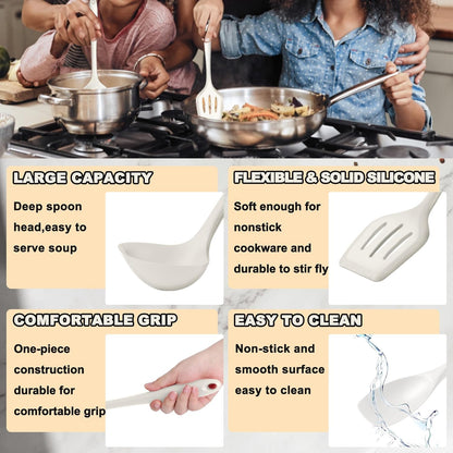 E-far 10 Pieces Silicone Cooking Utensils Set, Heat Resistant Kitchen Utensil Set for Nonstick Cookware, Kitchen Cooking Tools with Spatula, Spoon, Slotted Turner, Non-Toxic & Dishwasher Safe (Khaki)