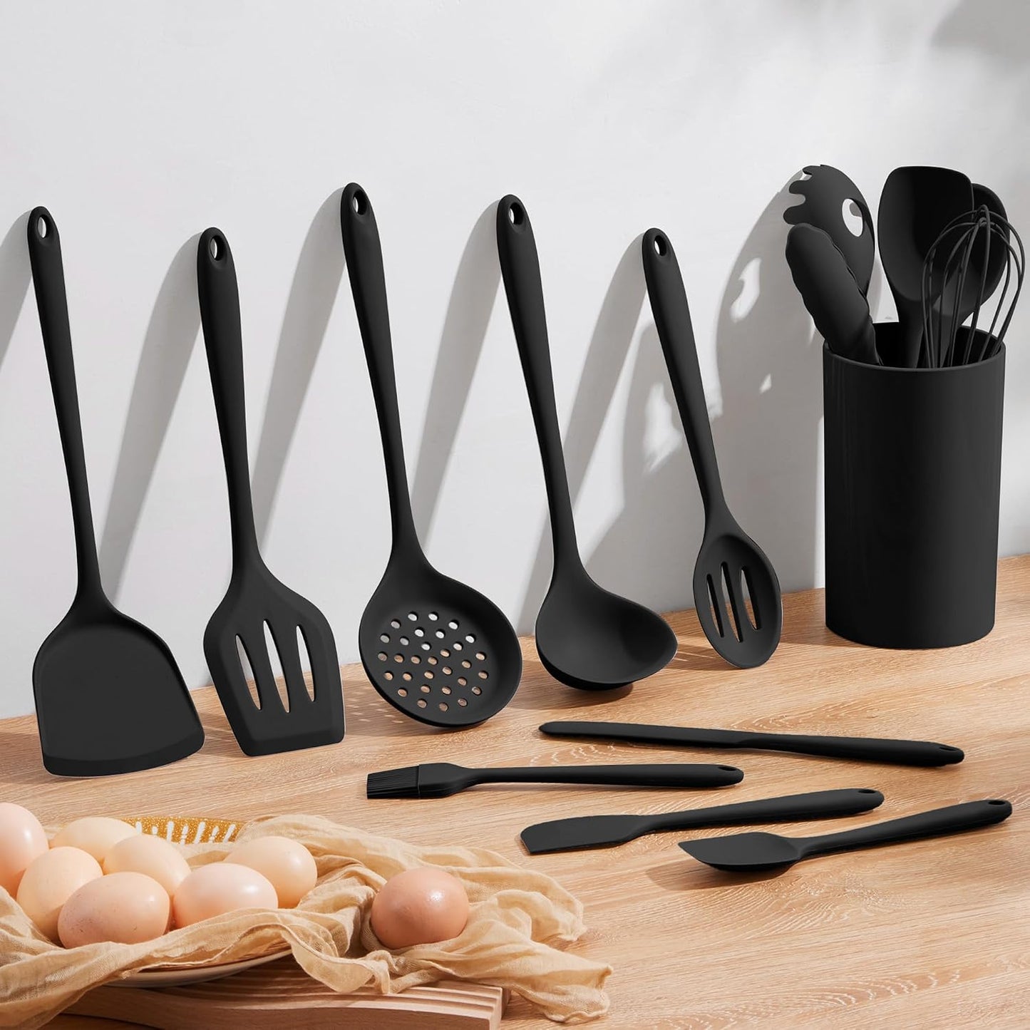 Homikit Silicone Cooking Utensil Set, 15pcs Kitchen Utensils with Holder for Nonstick Cookware, Heat Resistant Nontoxic Silicone Spatula Set Dishwasher Safe Kitchen Tools for Baking-Black
