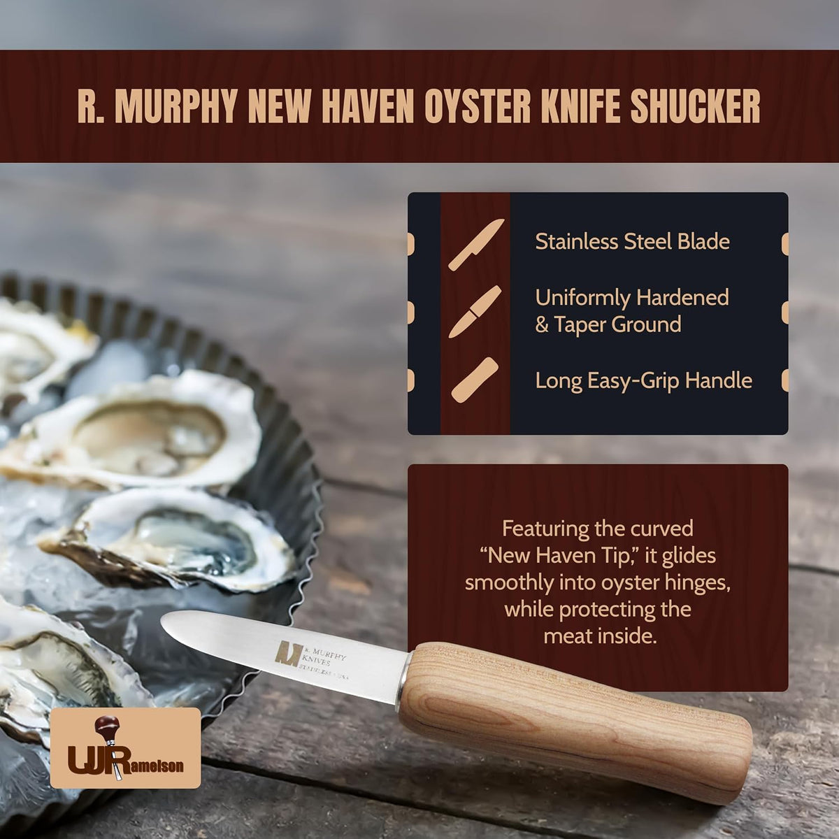 R Murphy Ramelson New Haven Oyster Shucking Knife, Regular, Wood Handle