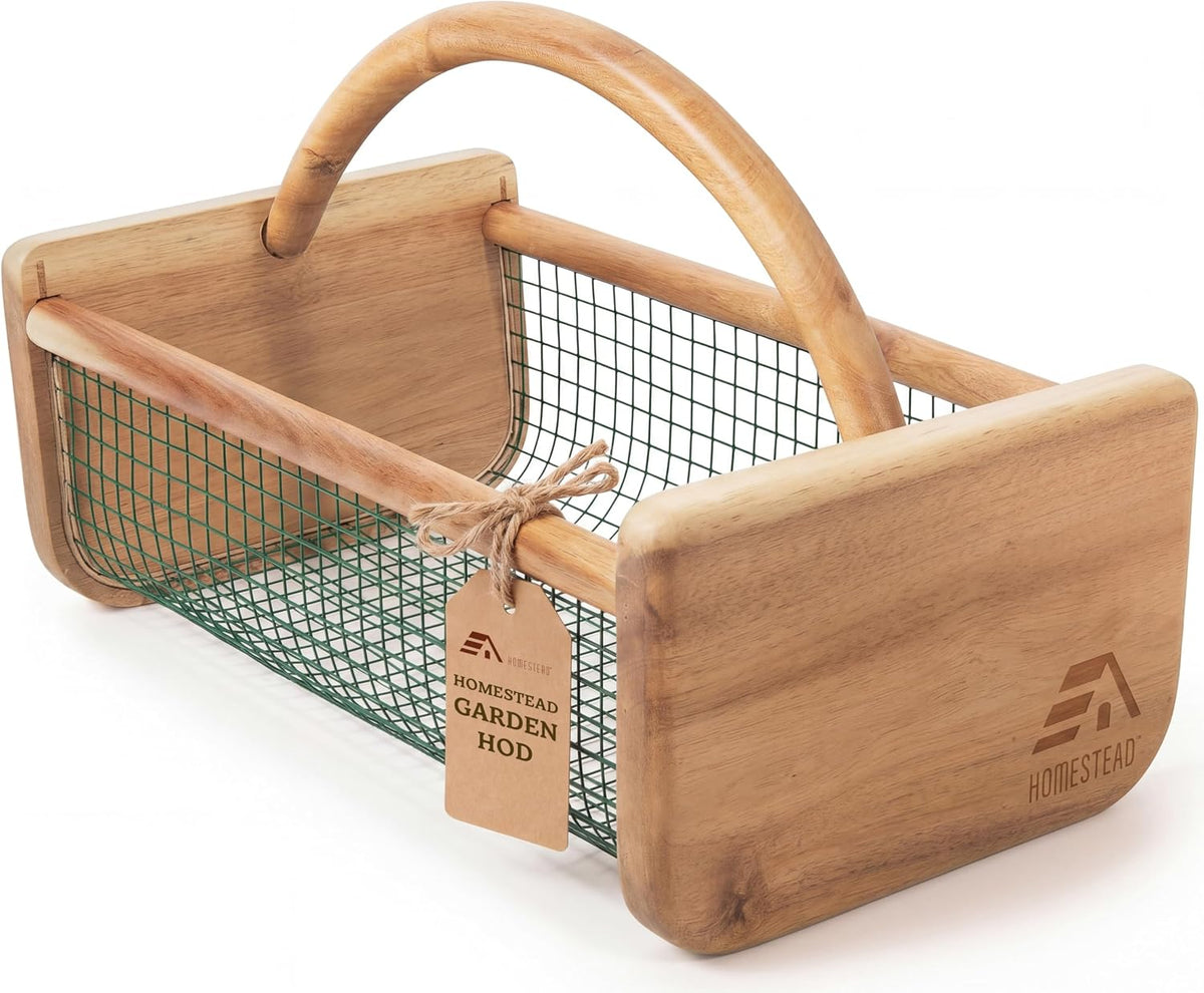 HOMESTEAD Garden Hod Harvest, Durable Acacia Wood Frame with Rotating Handle Basket, Farmhouse Basket for Home Improvement, Gardening, Farm, Kitchen, Indoor Outdoor Use, Natural Color