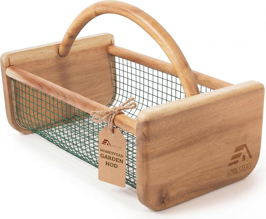 HOMESTEAD Garden Hod Harvest, Durable Acacia Wood Frame with Rotating Handle Basket, Farmhouse Basket for Home Improvement, Gardening, Farm, Kitchen, Indoor Outdoor Use, Natural Color