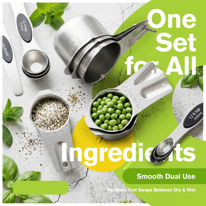 ChefAide Pack of 8 Stainless Steel Magnetic Measuring Spoons Set, Dual Sided, Stackable, Adjustable Teaspoon and Tablespoon Measure Spoon with Leveler, Kitchen Gadgets