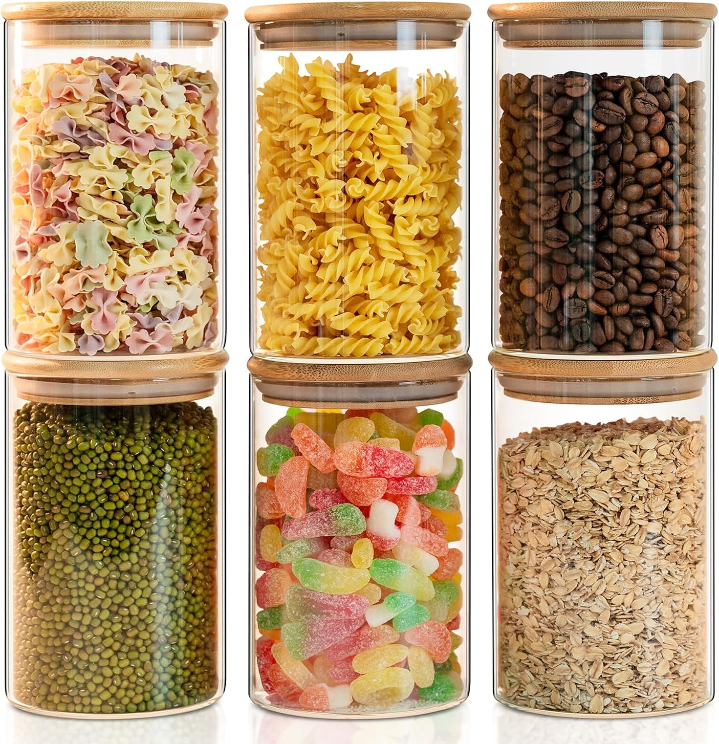 Glass Food Storage Jars 37 oz Set of 6,Glass Storage Containers Clear Glass Food Canister with Bamboo Lid Airtight For Serving Tea, Coffee, Flour, Sugar, Candy, Cookie, Spice and More (Square)