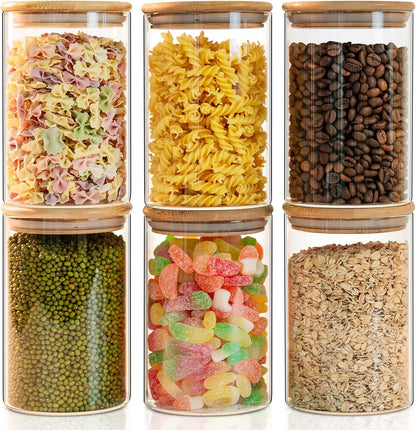 Glass Food Storage Jars 37 oz Set of 6,Glass Storage Containers Clear Glass Food Canister with Bamboo Lid Airtight For Serving Tea, Coffee, Flour, Sugar, Candy, Cookie, Spice and More (Square)