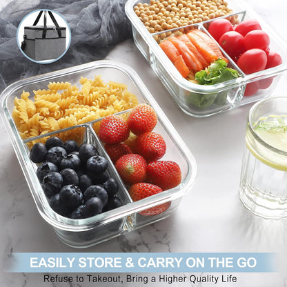 Bayco 8 Pack Glass Meal Prep Containers 3 Compartment, Glass Food Storage Containers with Lids, Airtight Lunch Bento Boxes, Leak Proof (8 lids & 8 Container) - Grey