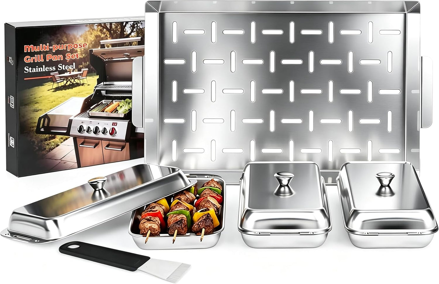 BBQ Vegetable Grill Basket Set, 4 Piece Stainless Steel Grill Pan Set with Universal Handle & lid, Dishwasher Safe, for Outdoor Cooking, Camping, Picnic, For Grilling Fish Veggies & Meats
