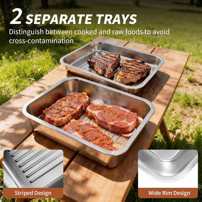 ENLOY 9-in-1 Stainless Steel Grilling Prep and Serve Trays Set, Large Capacity Food Prep Tray & Grill Carry System with Lid, Cutting Broad & 2 Food Tongs, Cleaning Cloth & 2 Gloves for Pickling Food