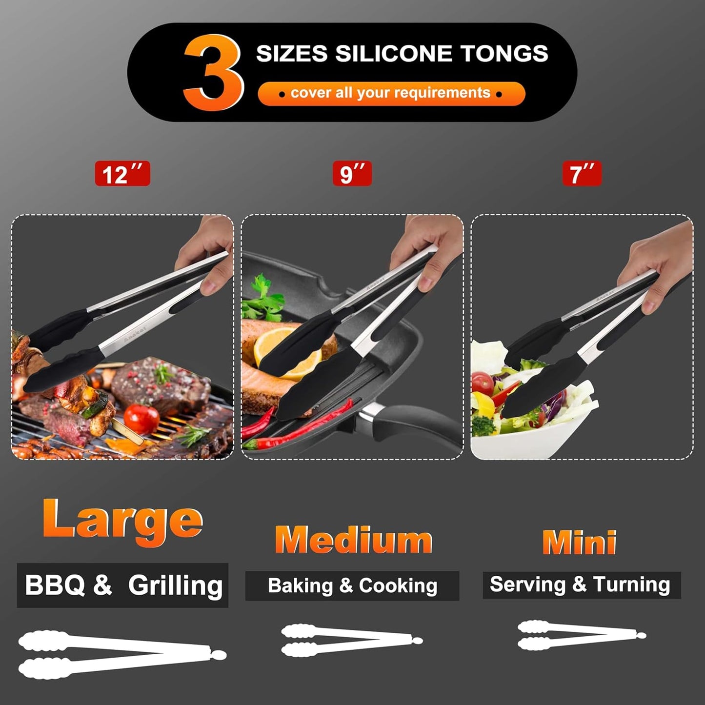 Anaeat Premium Kitchen Locking Tong Set of 3 - Heavy Duty Stainless Steel Food Tongs with Long Handle & Non-Slip Silicone Grip for Cooking, Baking, Grilling - Heat Resistant up to 480°F