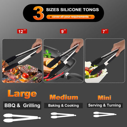 Anaeat Premium Kitchen Locking Tong Set of 3 - Heavy Duty Stainless Steel Food Tongs with Long Handle & Non-Slip Silicone Grip for Cooking, Baking, Grilling - Heat Resistant up to 480°F
