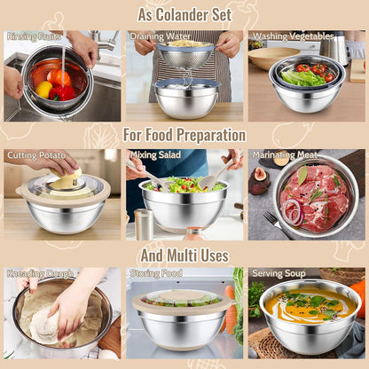 P&P CHEF 4-In-1 Stainless Steel Colander with Bowl Set, Rotatable Strainers for Kitchen, Fruit Cleaner, Washing Fruit & Draining Pasta, Mixing Bowl and Lid with Grater for Salad, Black