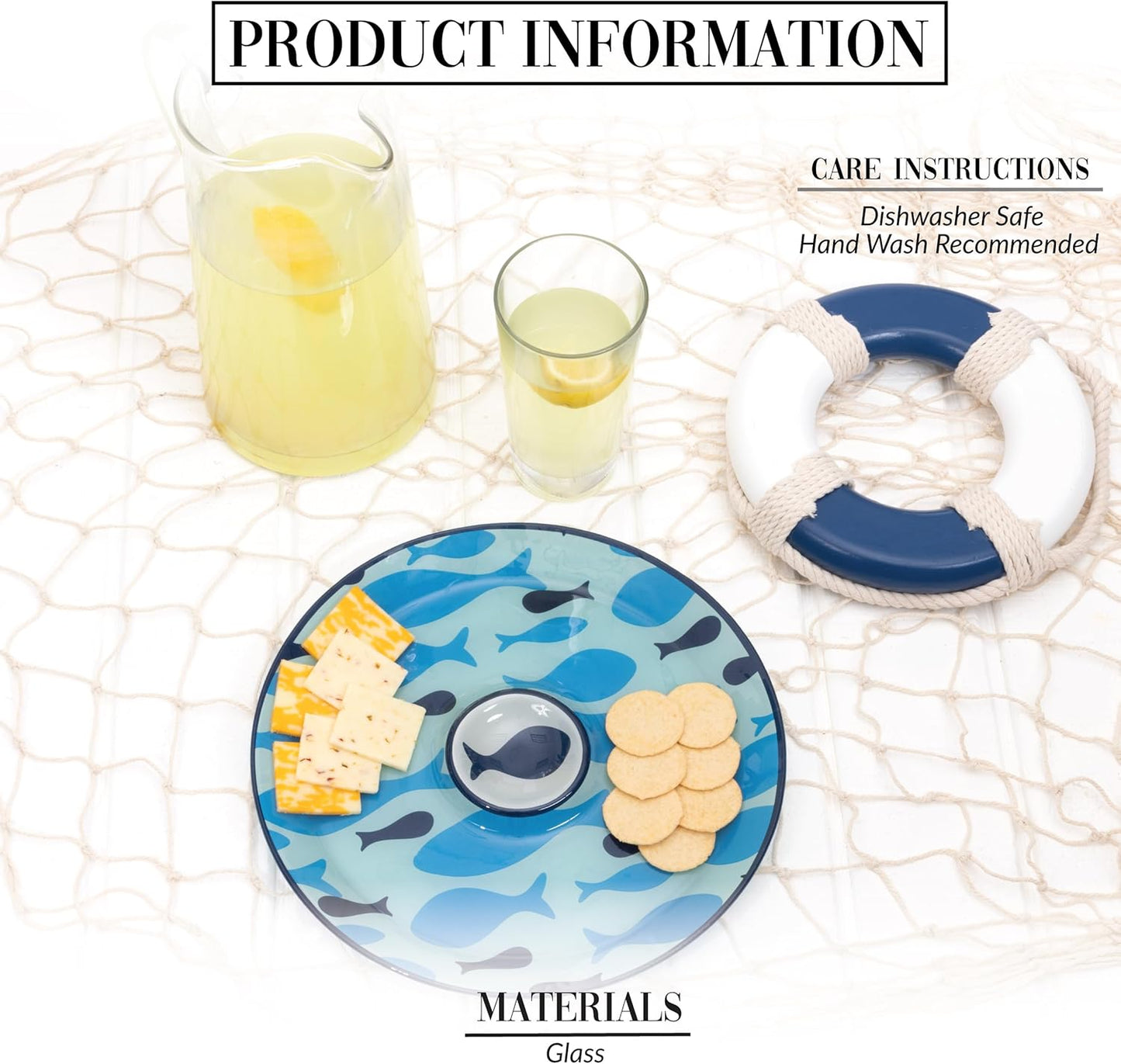 Pavilion Gift Company - Lake - 11.5" Chip Holder with 6" Glass Serving 10 Oz Dip Bowl Fish Fishing Boat Boating Lake Beach Waterfront Ocean Nautical Seaside River Kitchen Decor Summer Serveware