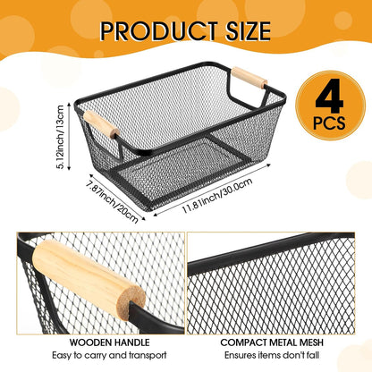 Ziliny 4 Pcs Metal Mesh Wire Baskets with Wooden Handles for Organizing, Pantry Organizers and Storage Steel Bin Kitchen Baskets for Fruit Potato Onion Snacks Bathroom Cabinet(Medium,Cream White)