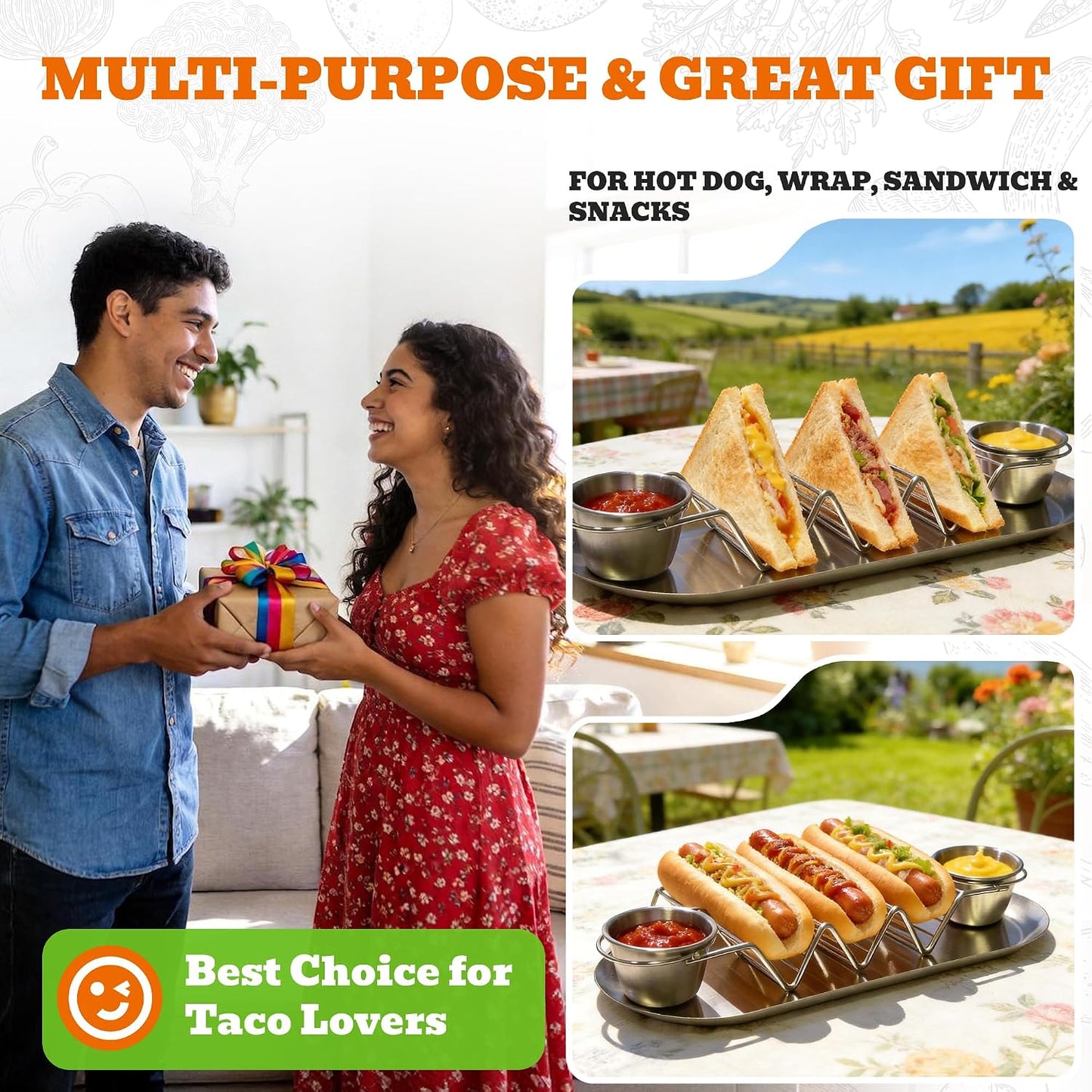 Stainless Steel Taco Holder Tray Set of 2, Taco Rack Holds 3 Tacos Each with Serving Tray, Sauce Cups & Spoon, Oven & Dishwasher Safe for Taco Night & Parties (Gold-2 Pack)
