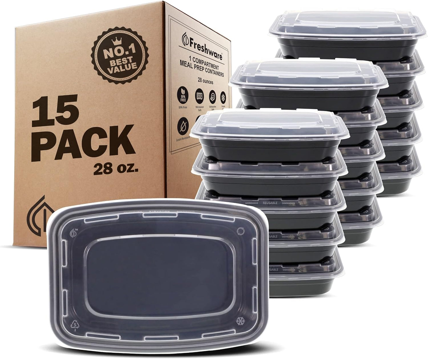 Freshware Meal Prep Containers [15 Pack] 2 Compartment with Lids, Food Storage Containers, Bento Box, BPA Free, Stackable, Microwave/Dishwasher/Freezer Safe (28 oz), Black