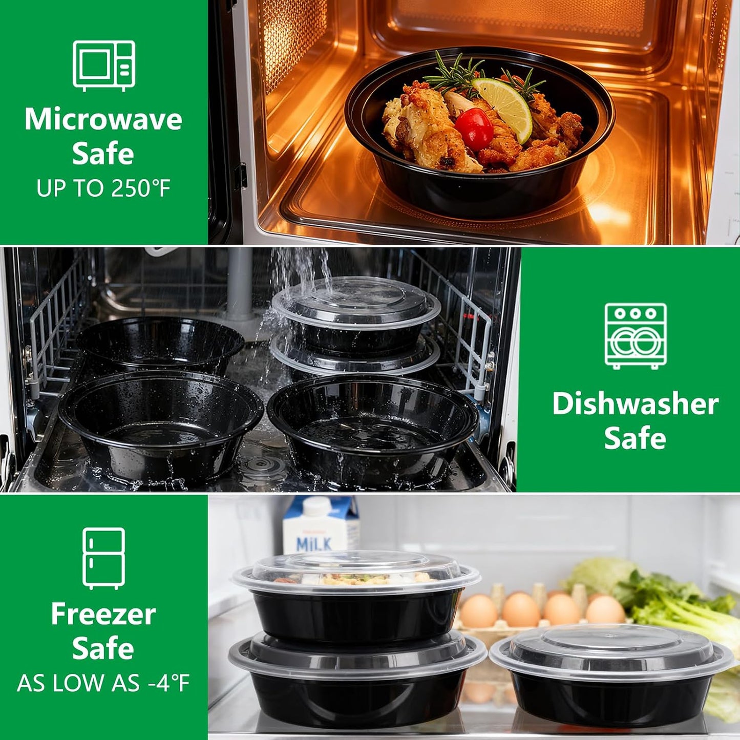 Meal Prep Containers Reusable 10 Pack-28 oz Food Storage Containers with Lids To Go Food Containers Takeout, Microwave Dishwasher Freezer Safe, Stackable, BPA Free, Plastic (Black)