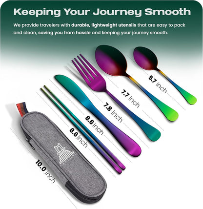 Taplord Portable Travel Silverware Set With Case, Includes 10 Pcs of Travel Utensils With Case, Stainless Steel Flatware Set For Camping, Lightweight (Multi-Color)