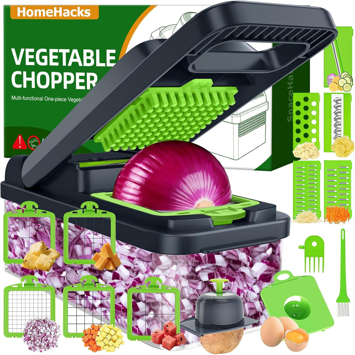 HomeHacks Veggie Chopper Vegetable Cutter, 12 in 1 Kitchen Gadget, Green