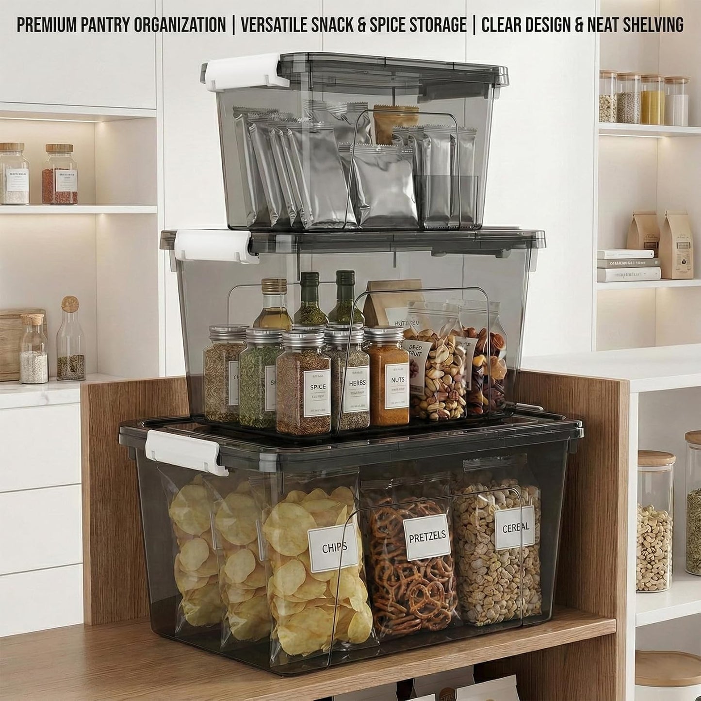 Plastic Storage Bins with Lids, 2 Pack Mixed Sizes (7 Qt, 16 Qt) Clear Black with Lid Stackable Organizer Boxes with Latches for Closet, Pantry, Bathroom, Office