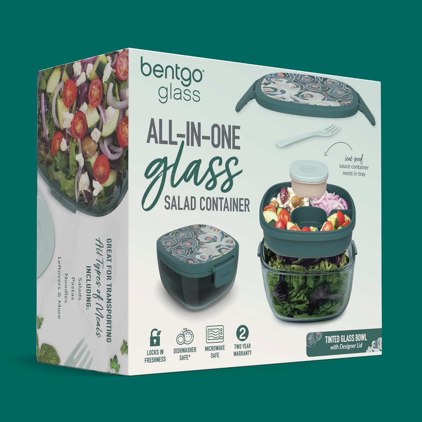 Bentgo Glass Salad Container - 7.6-Cup Salad Bowl with Airtight Lid, Leak-Proof Sauce Container, 4-Compartment Bento Tray & Reusable Fork - BPA-Free for Meal Prep, Office & More (Light Blue)