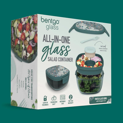 Bentgo Glass Salad Container - 7.6-Cup Salad Bowl with Airtight Lid, Leak-Proof Sauce Container, 4-Compartment Bento Tray & Reusable Fork - BPA-Free for Meal Prep, Office & More (Light Blue)