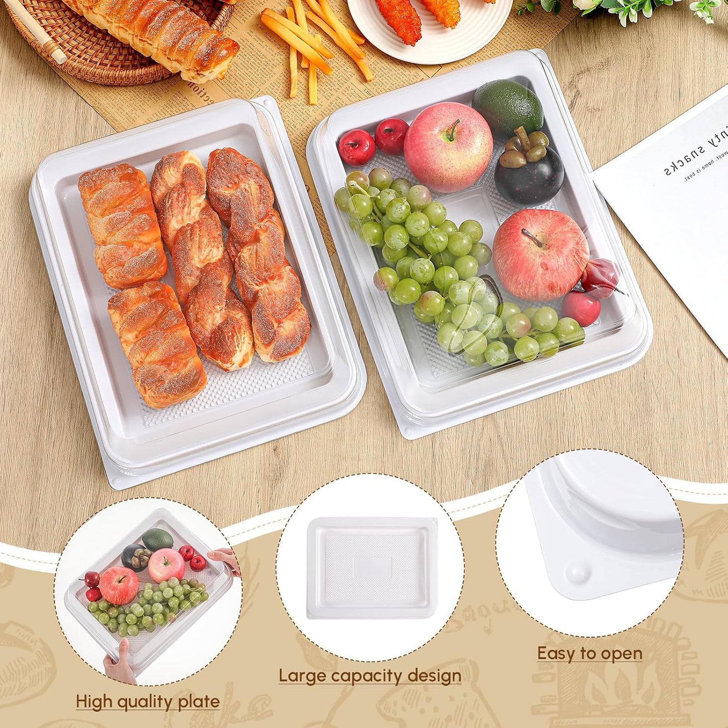 Tessco 12 Pcs Plastic Serving Trays with Lids Disposable Catering Trays 12.4 x 9.45 x 2.76 Inch Reusable Plastic Party Platters Charcuterie Board Box with Lids for Cookie Sandwich Christmas(Black)