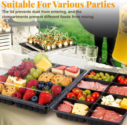 Shellwei 5 Pack 8 Compartments Divided Charcuterie Board with Lid Large 15 x 10 Inch Disposable Catering Serving Trays with Lid Reusable Plastic Serving Platter