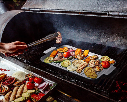 Grill Topper Grilling pans Set of 2, Non-Stick Barbecue Trays, 17" x10" and 13.3"x7.4" Durable Grill Pans with Holes, Metal Topper Baskets for Barbecue & Smoked Meat, Vegetables & Seafood