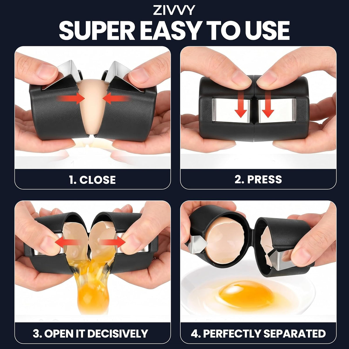 Egg Cracker & Egg Shell Opener Tool - Easy Egg Shell Cracker for Clean Shell Opening - Egg Opener & Kitchen Gadget for No Mess Breakfast & Meal Prep (Black)
