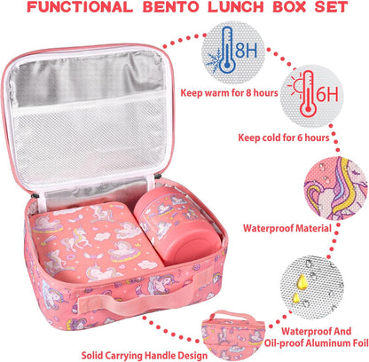 Bento Lunch Box Set for Kids with 10oz Soup Thermo, Leak-Proof Lunch Containers with 4 Compartment, Kids Thermo Hot Food Jar and Insulated Lunch Bag for Kid to School,BPA-Free(Dragon)
