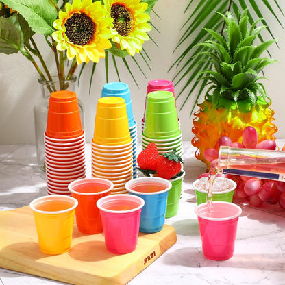 Roshtia 100 Pack 2 oz Plastic Shot Cups, Mini Disposable Shot Glasses 2 oz Wedding Party Cups for Bridal Shower Wedding Party, Beer Taste Serving, Snacks(Black, Gold)