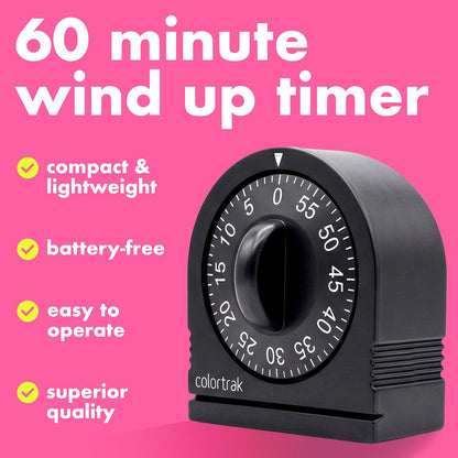 Colortrak 60 Minute Wind Up Timer, No Batteries Required, Black