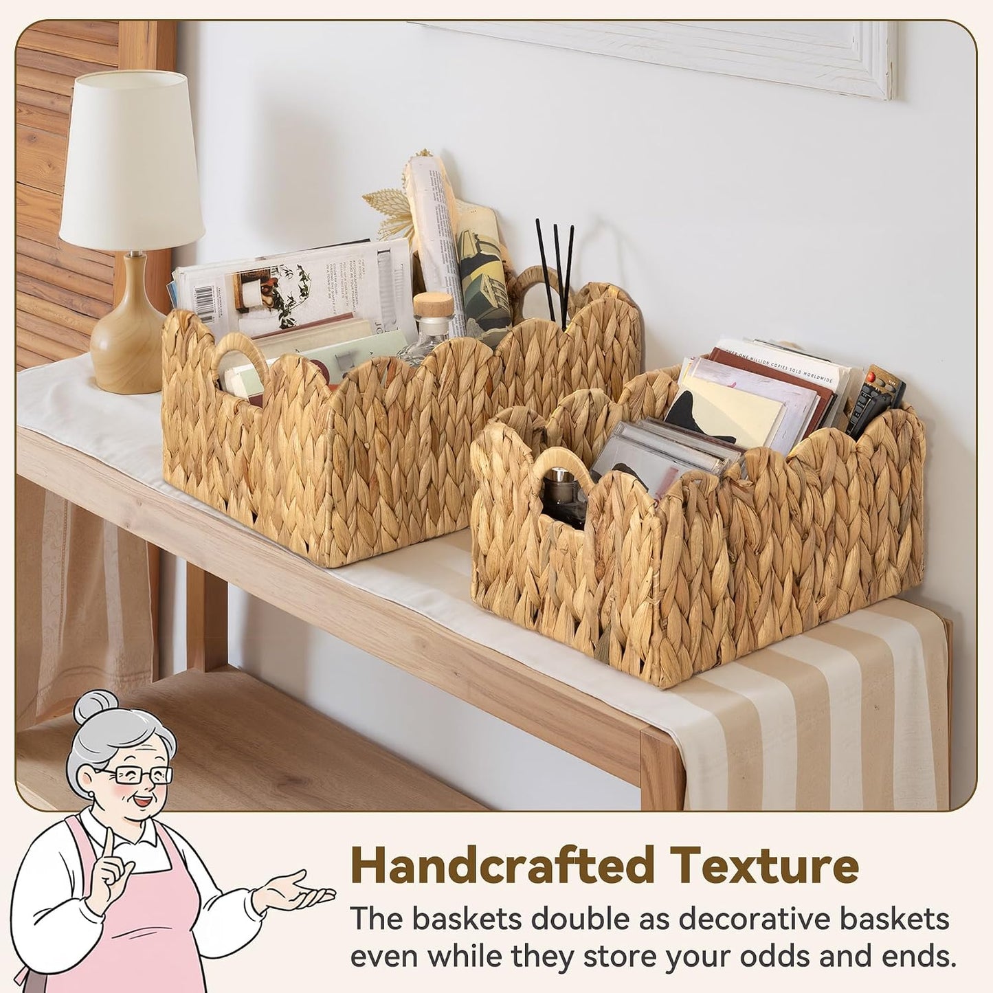 GRANNY SAYS Wicker Storage Baskets for Shelves, Water Hyacinth Basket with Scalloped Edge, Storage Wicker Baskets for Pantry, Large, 2-Pack
