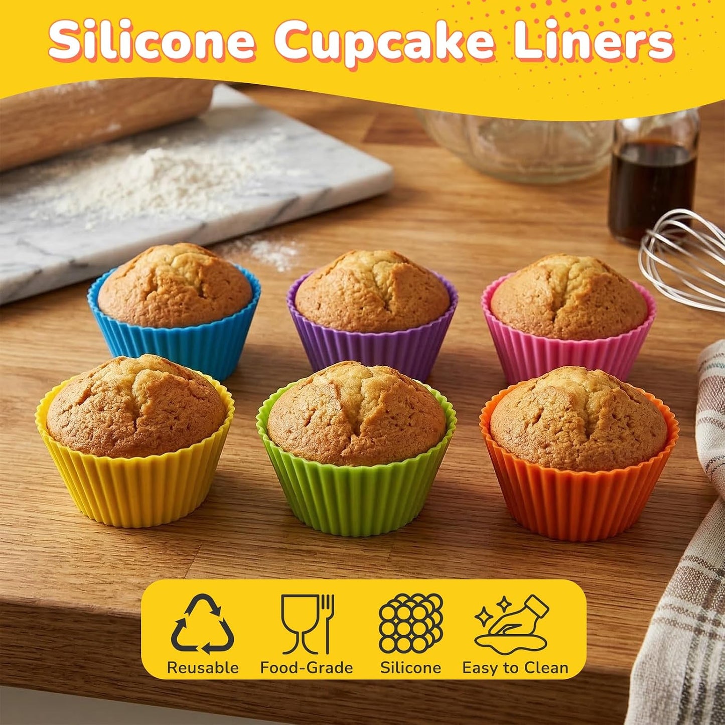 24 Pack Silicone Cupcake Liners for Baking, Multi-color Reusable Silicone Baking Cups, Non-Stick and Flexible Muffin Liners, Easy to Clean, for Cupcake, Muffins and Party Treats (6 Colors)