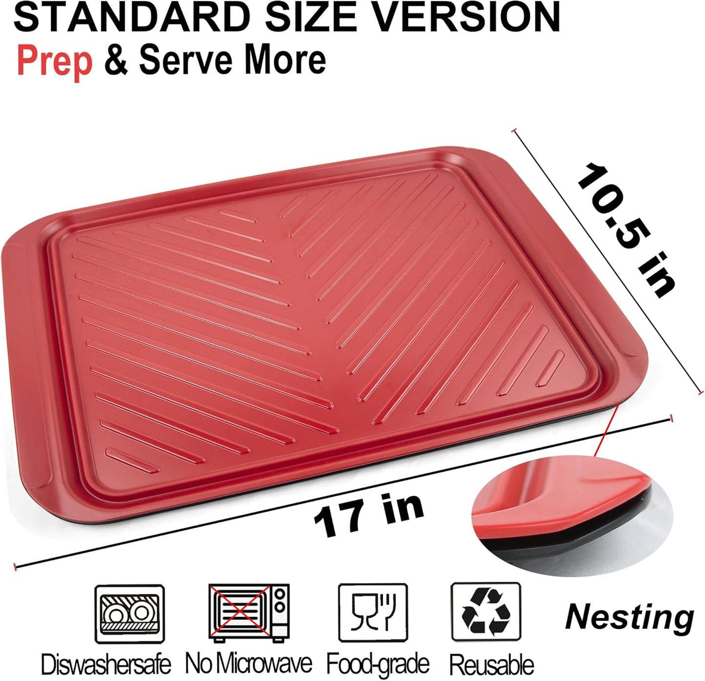 ECOIOU Large Grilling Prep and Serve Trays, 17" x 10.5" x 1.2" BBQ Platters for Raw and Cooked Food, Melamine Serving Trays for Food, Set of 2, Black and Red, Cleaning Pack Included