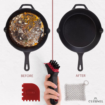 Cuisinel Cast Iron Scrubber Cleaning Brush + Pan/Grill Scraper - Skillet and Grill Cleaner Kit - Soft-Touch Confident-Grip Dish Scrub Tool - Tough on Grease, Gentle on Metal and Non-Stick Cookware