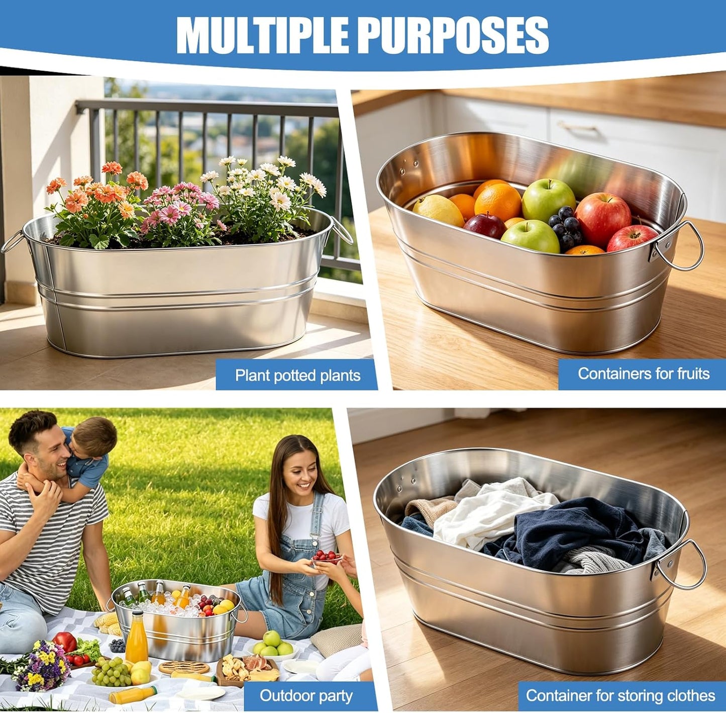 2 Pack Galvanized Ice Bucket with 2 Scoops, 3.5 Gallon Beverage Tub for Parties, Large Metal Ice Bucket for Beer, Wine & Champagne, Leak Resistant Drink Tub with Handles