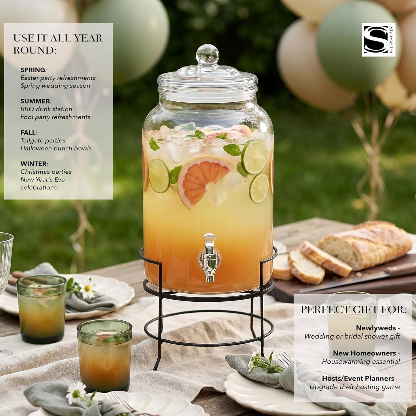 Style Setter Montgomery Beverage Cold Drink Dispenser w 2.7-Gallon Capacity Glass Jug, Leak-Proof Acrylic Spigot in Gorgeous Gift Box for Parties