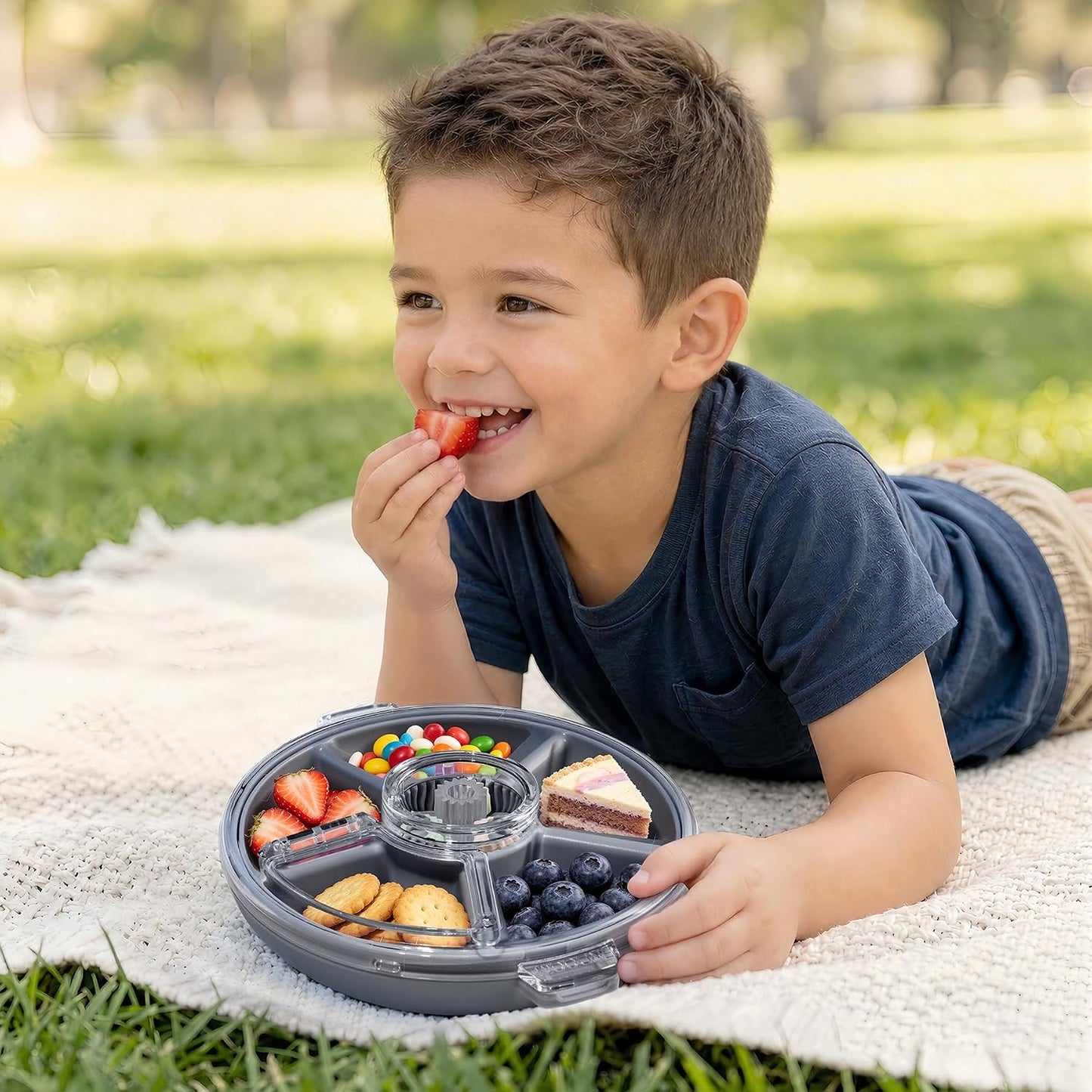 Kids Divided Snack Box with Hand Strap, Reusable 5-Compartment Kids Snack Container, BPA-Free Portable Candy & Nut Serving Platter for Travel, Parties, Picnics(Grey)