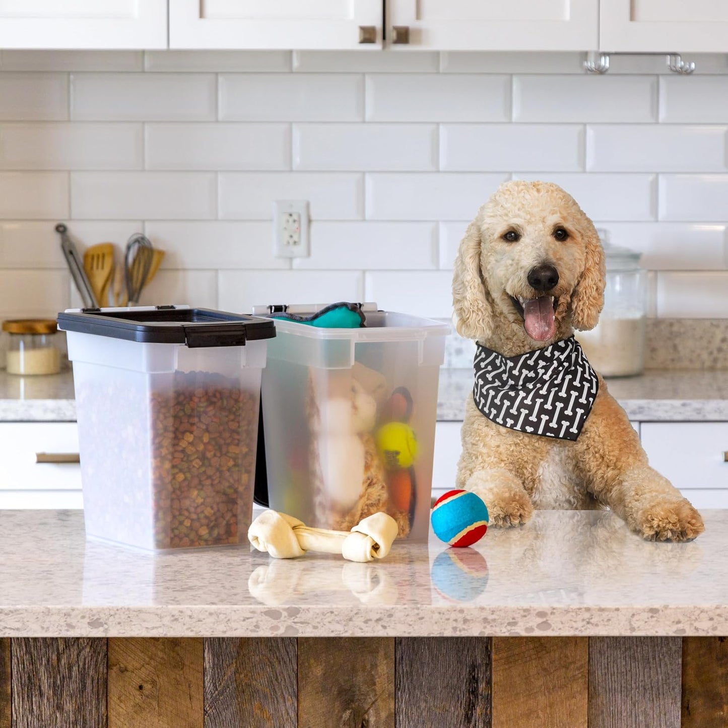 IRIS USA Dog Food Storage Container, 2 Pack, Up to 30 lbs Each, Airtight Seal for Freshness, Wheels for Rolling, Easy One Hand Opening, Made in USA, BPA Free, Clear/Black