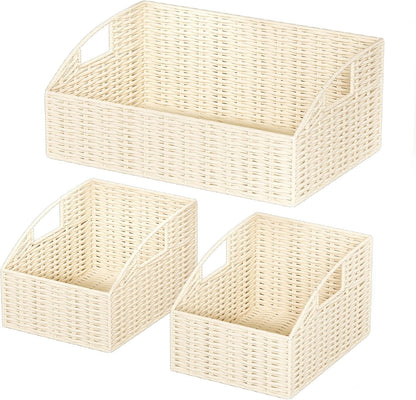 Rattan Storage Baskets, Handwoven Wicker Storage Bins with Built-in Handles, Storage Container Baskets for Shelves, Bedroom, Bathroom, Laundry Room or Kitchen(Natural)