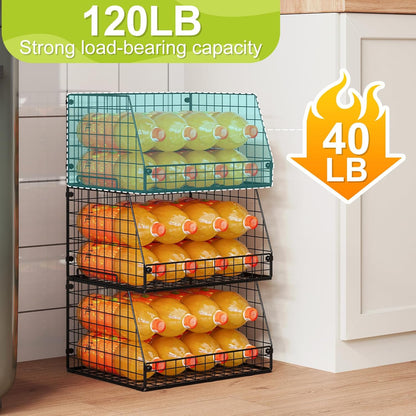 Jakyitvi 4 Pack XXL Stackable Wire Storage Basket, Extra Large Capacity Pantry Organizer and Storage, Muti-Purpose for Vegetable Fruit Basket & Can Organizer & Snack Rack & Metal Pantry Bin