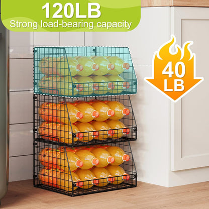 Jakyitvi 4 Pack XXL Stackable Wire Storage Basket, Extra Large Capacity Pantry Organizer and Storage, Muti-Purpose for Vegetable Fruit Basket & Can Organizer & Snack Rack & Metal Pantry Bin