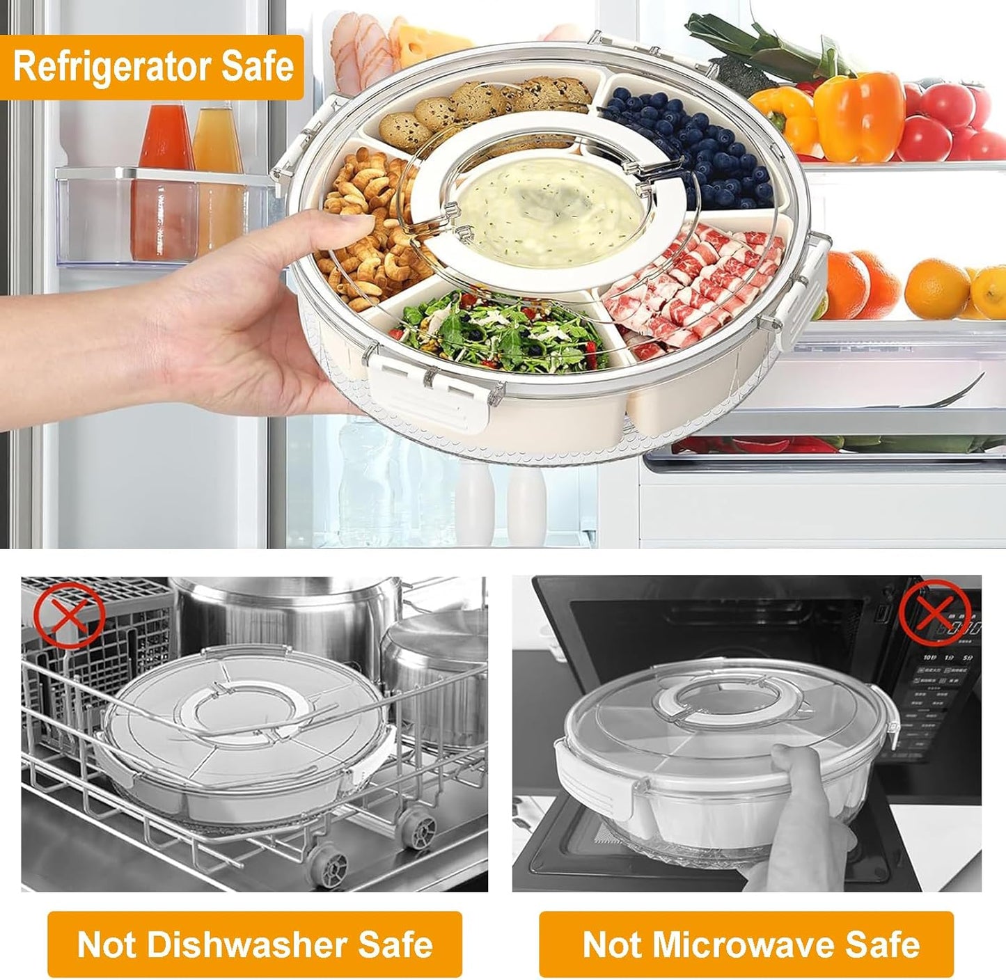 Divided Serving Tray with Lid and Handle, 360° Rotating Snackle Box Container, Stackable Storage Box for Fruit Candy Veggie Spice, Portable Organizer for Kitchen Party Travel Picnic, 10.63x2.95 Inch