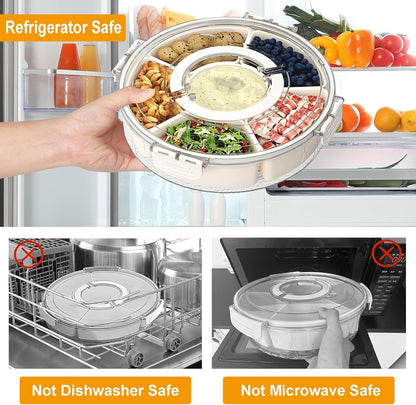 Divided Serving Tray with Lid and Handle, 360° Rotating Snackle Box Container, Stackable Storage Box for Fruit Candy Veggie Spice, Portable Organizer for Kitchen Party Travel Picnic, 10.63x2.95 Inch