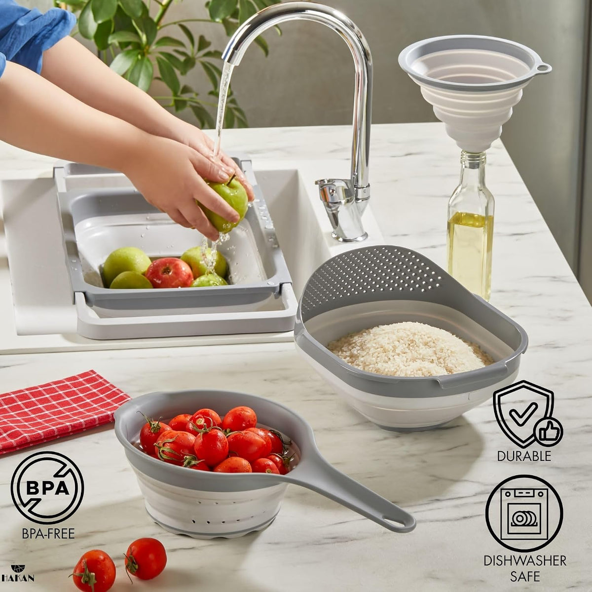 Collapsible Colanders for Kitchen | Strainer with Handle, Over Sink Collander, Rice Strainer | 4 Pcs