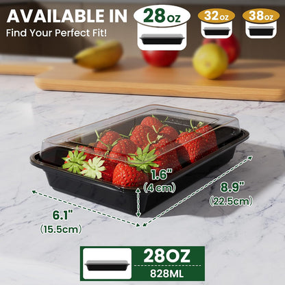 38oz Meal Prep Containers [50-Pack], Reusable Bento Box with Easy-Snap Leakproof Lids - Microwave, Dishwasher & Freezer Safe Food Storage, BPA-Free Plastic Lunch Containers (Black)