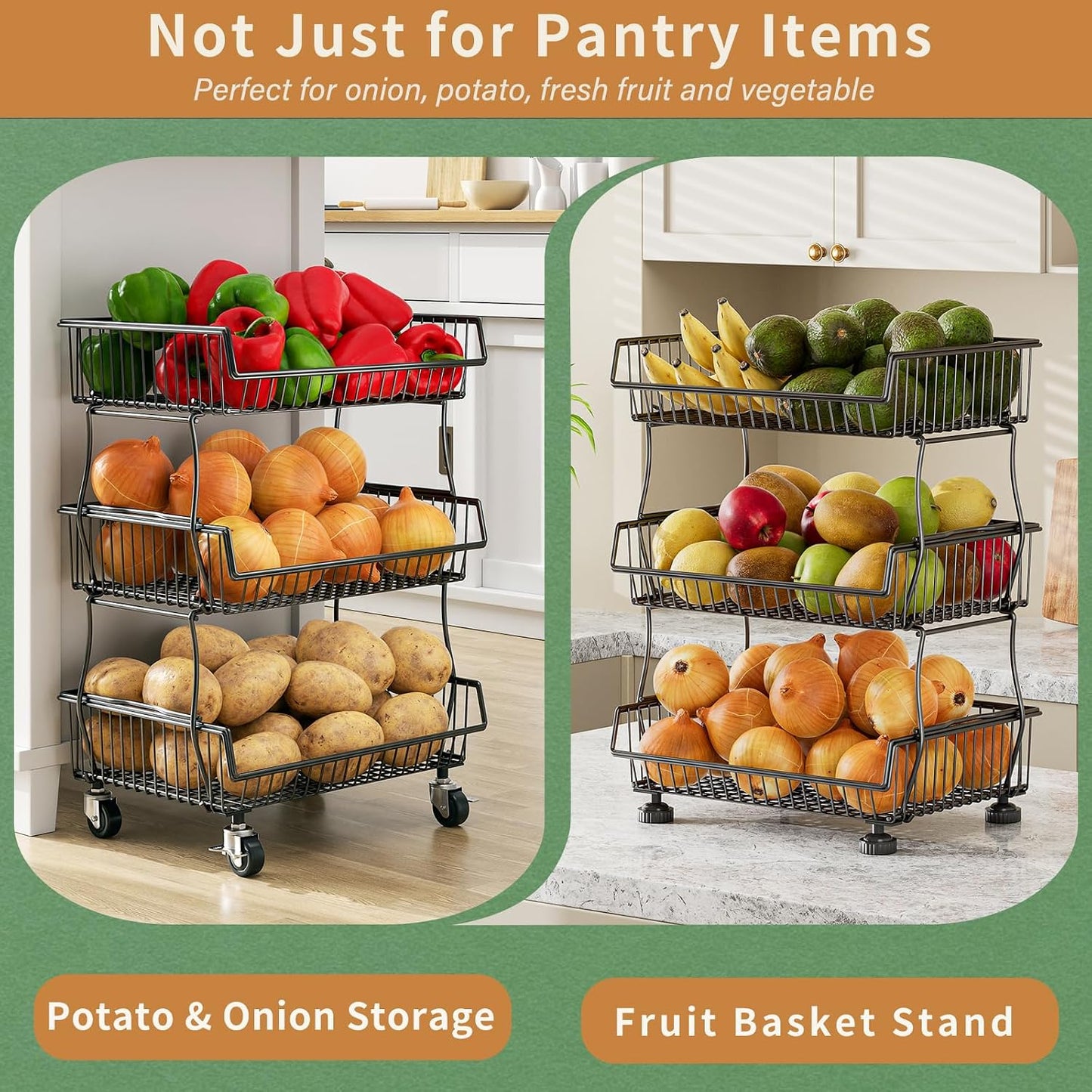 OKZEST 3-Tier Rolling Pantry Floor Organizer and Storage Cart with Wheels, Stackable Wire Pantry Baskets for Pantry Shelves, Kitchen Storage Rack and Fruit Basket Stand for Fruit Snack Onion Potato