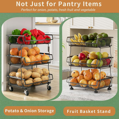 OKZEST 3-Tier Rolling Pantry Floor Organizer and Storage Cart with Wheels, Stackable Wire Pantry Baskets for Pantry Shelves, Kitchen Storage Rack and Fruit Basket Stand for Fruit Snack Onion Potato